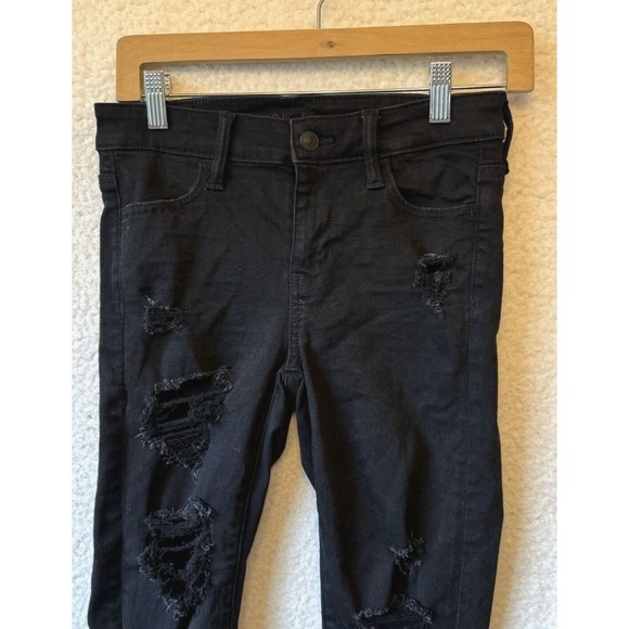 American Eagle Jeans Next Level Stretch Distressed Black Dark Wash Denim Size 0 - Picture 3 of 16